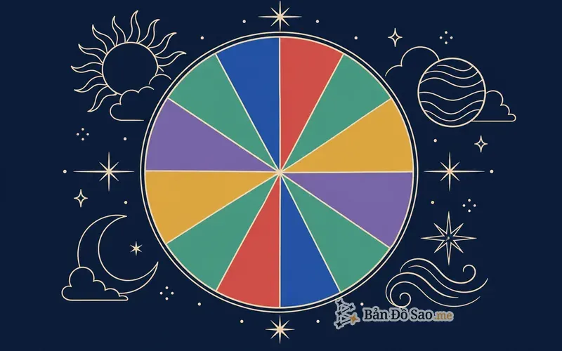 Minh họa 12 nhà trong chiêm tinh chia vòng tròn bản đồ sao thành 12 lĩnh vực đời sống
