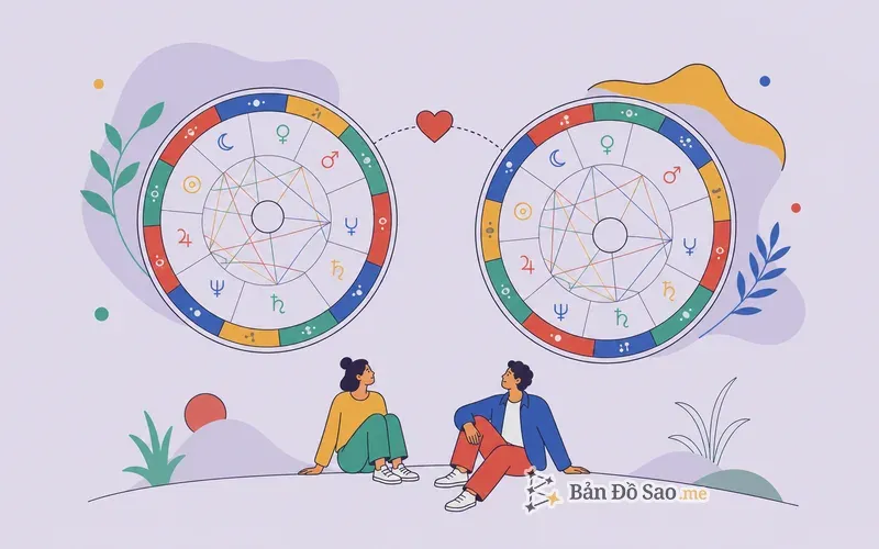 Minh họa bản đồ sao cặp đôi với hai lá số của hai người đặt cạnh nhau