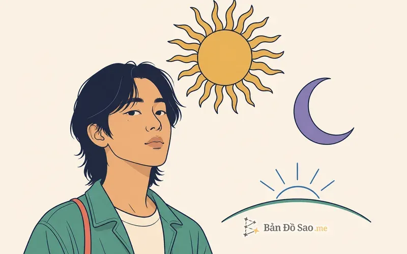 Minh họa Big 3 chiêm tinh với Mặt Trời, Mặt Trăng và Cung Mọc quanh một người trẻ